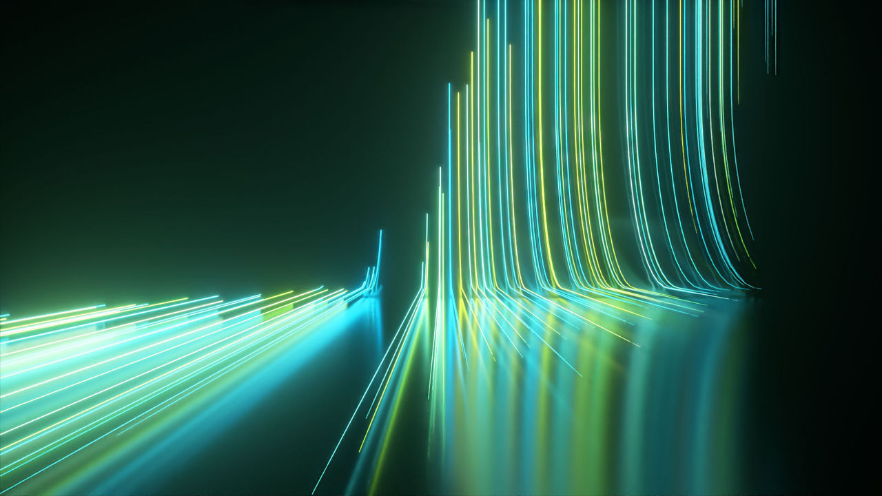 Abstract black background with green blue neon lines go up and disappear